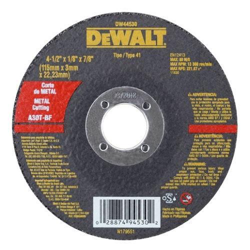 DISCO DE CORTE METAL 4.1/2 X 1/8 (3.0MM) DW44530 DEWALT